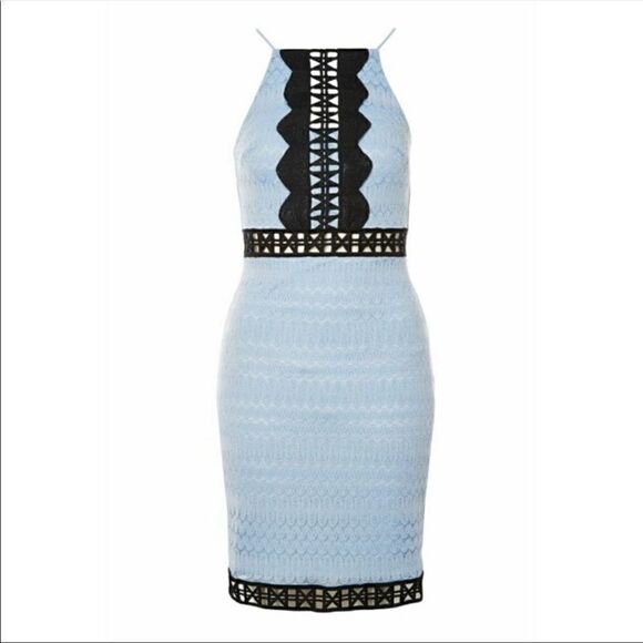 TOPSHOP Petite Mesh Lace Overlay Back Cut-Out Dress Baby Blue Navy Blue NWT - Picture 2 of 12